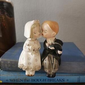 Vintage Bride & Groom Bench Sitter Salt & Pepper Shakers Bisque Japan 1950's